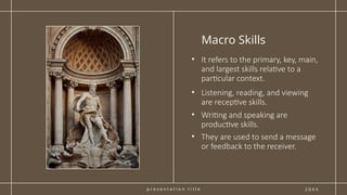 p r e s e n t a t i o n t i t l e
• It refers to the primary, key, main,
and largest skills relative to a
particular context.
Macro Skills
2 0 X X
• Listening, reading, and viewing
are receptive skills.
• Writing and speaking are
productive skills.
• They are used to send a message
or feedback to the receiver.
 