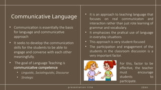 p r e s e n t a t i o n t i t l e
Communicative Language
2 0 X X
• Communication is essentially the basis
for language and communicative
approach
• It seeks to develop the communication
skills for the students to be able to
engage and converse with each other
meaningfully.
• The goal of Language Teaching is
communicative competence
• Linguistic, Sociolinguistic, Discourse
• Strategic
• It is an approach to teaching language that
focuses on real communicaton and
interaction rather than just rote learning of
grammar and vocabulary.
• It emphasizes the pratical use of language
in everyday situations
• This approach is very student-focused
• The participation and engagement of the
students in the classroom discussion is a
very important factor.
• For this, factor to be
effective, the teacher
must encourage
students to
participate.
 