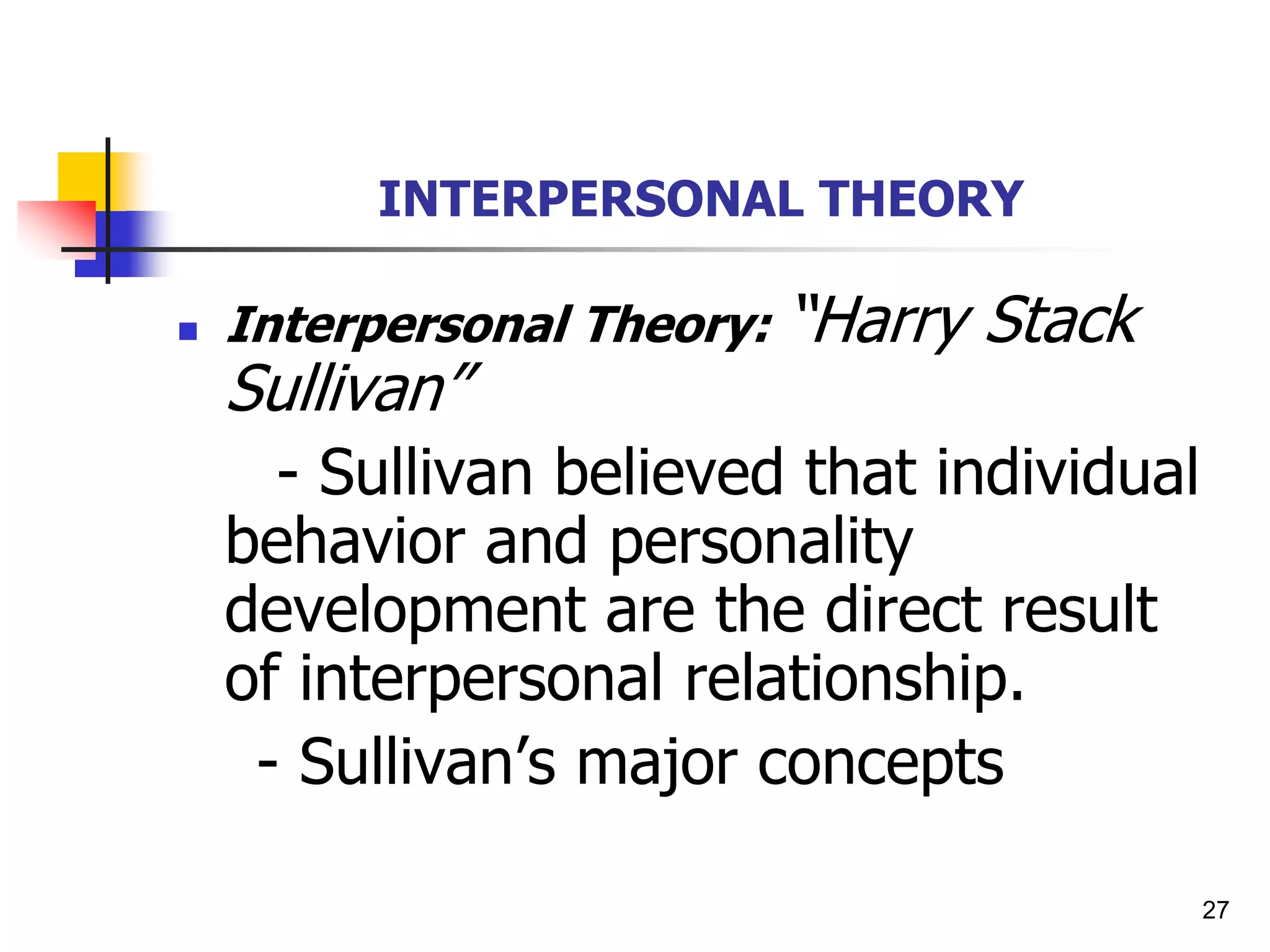 27
INTERPERSONAL THEORY
 Interpersonal Theory: “Harry Stack
Sullivan”
- Sullivan believed that individual
behavior and personality
development are the direct result
of interpersonal relationship.
- Sullivan’s major concepts
 