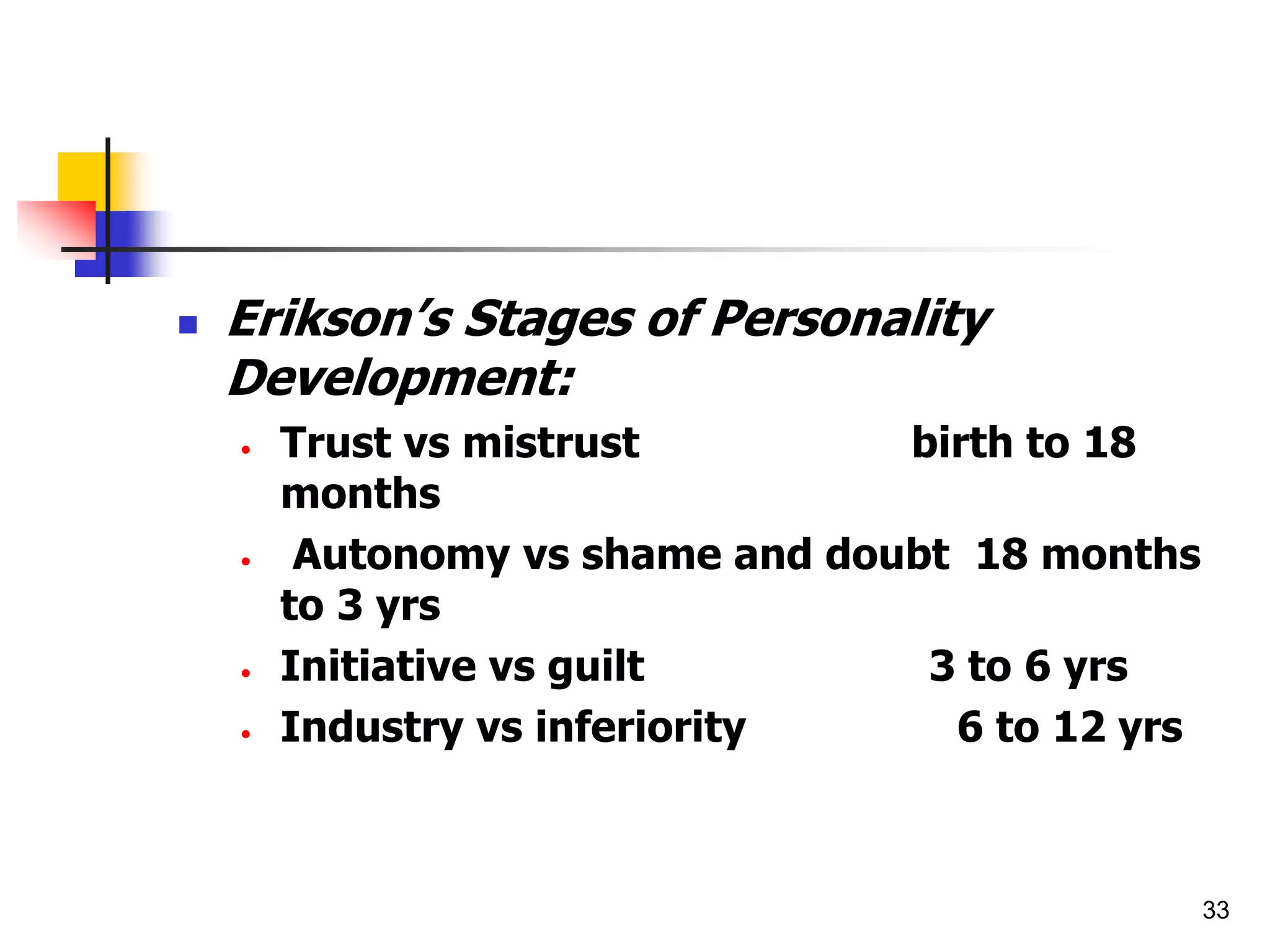 33
 Erikson’s Stages of Personality
Development:
• Trust vs mistrust birth to 18
months
• Autonomy vs shame and doubt 18 months
to 3 yrs
• Initiative vs guilt 3 to 6 yrs
• Industry vs inferiority 6 to 12 yrs
 