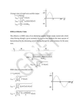 Average value of a half wave rectifier output
= sin( )
= ∫ ( )
= ∫ sin( ) ( )
= = 0.318
RMS or Effective Value
The effective or RMS value of an alternating quantity is that steady current (dc) which
when flowing through a given resistance for a given time produces the same amount of
heat produced by the alternating current flowing through the same resistance for the same
time.
=
=
1
2
( )
RMS value of a sinusoidal current:
= sin( )
=
1
2
( )
=
1
( ) ( )
=
(1 − cos(2 )
2
( )
 