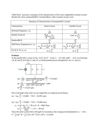 Table below presents a summary of the characteristics of the series andparallel resonant circuits.
Besides the series and parallelRLC consideredhere, other resonant circuits exist..
Summary of Characteristics of resonant RLC circuits
Characteristic Series Circuit Parallel Circuit
Resonant frequency , ω0
1
√
1
√
Quality Factor,Q
or ω0RC or
0
Bandwidth B 0
Q
0
Q
Half Power frequencies ω1, ω2
ω0 1 + ( ) ± ω0 1 + ( ) ±
For Q ≥ 10, ω1, ω2 ω0 ±
2
ω0 ±
2
Problem:
In the parallel RLC circuit in Fig. 14.27, let R = 8 k&, L = 0.2 mH, andC = 8 μF. (a) Calculate
ω0, Q, and B. (b) Find ω1 and ω2. (c) Determinethe power dissipated at ω0, ω1, and ω2.
ω0 =
√
=
√ . ∗ ∗ ∗
= = 25 krad/s
Q = =
∗
√ ∗ ∗ . ∗
= 1600
B= = 15.625 rad/s
Due to the high value of Q, we can regard this as a high-Q circuit.Hence,
ω1 = ω0- = 25,000 – 7.812 = 24,992 rad/s
ω2= ω0+ = 25,000 + 7.812 = 25,008 rad/s
(c) At ω= ω0, Y = 1/R or Z= R = 8KΩ Then
I0= =
∟
= 1.25 ∟-90 mA
Since the entire current flows through R at resonance, the average powerdissipated at ω = ω0 is
P = | Io| R = (1.25 x 10 ) (8 x 10 ) = 6.25mW
 