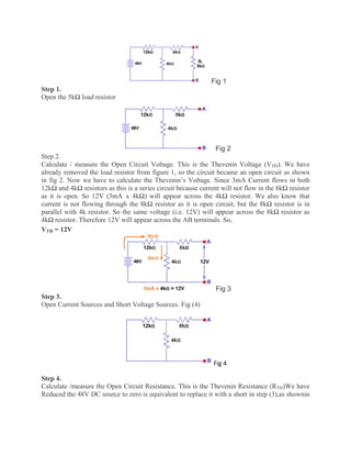 Fig 1
Step 1.
Open the 5kΩ load resistor
Fig 2
Step 2.
Calculate / measure the Open Circuit Voltage. This is the Thevenin Voltage (VTH). We have
already removed the load resistor from figure 1, so the circuit became an open circuit as shown
in fig 2. Now we have to calculate the Thevenin’s Voltage. Since 3mA Current flows in both
12kΩ and 4kΩ resistors as this is a series circuit because current will not flow in the 8kΩ resistor
as it is open. So 12V (3mA x 4kΩ) will appear across the 4kΩ resistor. We also know that
current is not flowing through the 8kΩ resistor as it is open circuit, but the 8kΩ resistor is in
parallel with 4k resistor. So the same voltage (i.e. 12V) will appear across the 8kΩ resistor as
4kΩ resistor. Therefore 12V will appear across the AB terminals. So,
VTH = 12V
Fig 3
Step 3.
Open Current Sources and Short Voltage Sources. Fig (4)
Fig 4
Step 4.
Calculate /measure the Open Circuit Resistance. This is the Thevenin Resistance (RTH)We have
Reduced the 48V DC source to zero is equivalent to replace it with a short in step (3),as shownin
 