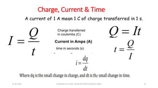 Charge, Current & Time
•If current is charge flowing per second then
t
Q
I  time in seconds (s)
Current in Amps (A)
Charge transferred
in coulombs (C)
A current of 1 A mean 1 C of charge transferred in 1 s.
It
Q 
I
Q
t 
11-06-2024 R.ANJANEYULU NAIK, ASSOCIATE PROFESSOR,EEE,LBRCE 19
 