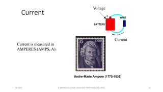 Voltage
Current
Current is measured in
AMPERES (AMPS, A).
Current
Andre-Marie Ampere (1775-1836)
11-06-2024 R.ANJANEYULU NAIK, ASSOCIATE PROFESSOR,EEE,LBRCE 22
 