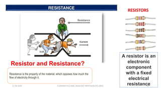 RESISTORS
Resistor and Resistance?
A resistor is an
electronic
component
with a fixed
electrical
resistance
Resistance is the property of the material, which opposes how much the
flow of electricity through it.
11-06-2024 R.ANJANEYULU NAIK, ASSOCIATE PROFESSOR,EEE,LBRCE 33
 