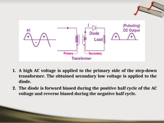 1. A high AC voltage is applied to the primary side of the step-down
transformer. The obtained secondary low voltage is applied to the
diode.
2. The diode is forward biased during the positive half cycle of the AC
voltage and reverse biased during the negative half cycle.
 