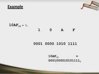 Example
1 0 A F
0001 0000 1010 1111
10AF16 =
00010000101011112
10AF16 = ?2
 
