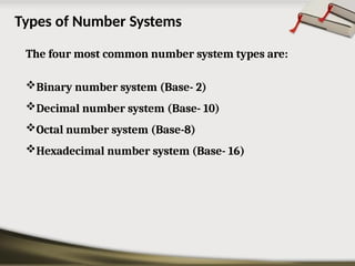 Types of Number Systems
The four most common number system types are:
Binary number system (Base- 2)
Decimal number system (Base- 10)
Octal number system (Base-8)
Hexadecimal number system (Base- 16)
 