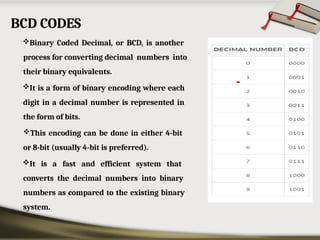 BCD CODES
Binary Coded Decimal, or BCD, is another
process for converting decimal numbers into
their binary equivalents.
It is a form of binary encoding where each
digit in a decimal number is represented in
the form of bits.
This encoding can be done in either 4-bit
or 8-bit (usually 4-bit is preferred).
It is a fast and efficient system that
converts the decimal numbers into binary
numbers as compared to the existing binary
system.
 