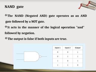 NAND gate
The NAND (Negated AND) gate operates as an AND
gate followed by a NOT gate.
It acts in the manner of the logical operation "and"
followed by negation.
The output is false if both inputs are true.
 