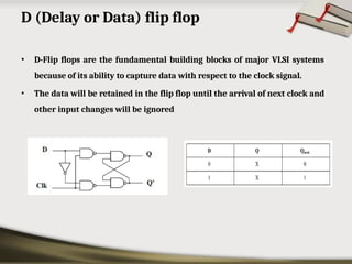 D (Delay or Data) flip flop
• D-Flip flops are the fundamental building blocks of major VLSI systems
because of its ability to capture data with respect to the clock signal.
• The data will be retained in the flip flop until the arrival of next clock and
other input changes will be ignored
 