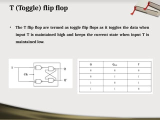 T (Toggle) flip flop
• The T flip flop are termed as toggle flip flops as it toggles the data when
input T is maintained high and keeps the current state when input T is
maintained low.
 