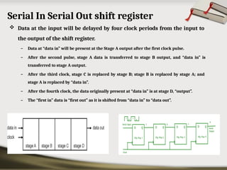 Serial In Serial Out shift register
 Data at the input will be delayed by four clock periods from the input to
the output of the shift register.
– Data at “data in” will be present at the Stage A output after the first clock pulse.
– After the second pulse, stage A data is transferred to stage B output, and “data in” is
transferred to stage A output.
– After the third clock, stage C is replaced by stage B; stage B is replaced by stage A; and
stage A is replaced by “data in”.
– After the fourth clock, the data originally present at “data in” is at stage D, “output”.
– The “first in” data is “first out” as it is shifted from “data in” to “data out”.
 