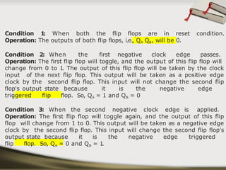 Condition 1
: When both the flip flops are in reset condition.
Operation: The outputs of both flip flops, i.e., QA QB, will be 0.
Condition 2: When the first negative clock edge passes.
Operation: The first flip flop will toggle, and the output of this flip flop will
change from 0 to 1
. The output of this flip flop will be taken by the clock
input of the next flip flop. This output will be taken as a positive edge
clock by the second flip flop. This input will not change the second flip
flop's output state because it is the negative edge
triggered flip flop. So, QA = 1 and QB = 0
Condition 3: When the second negative clock edge is applied.
Operation: The first flip flop will toggle again, and the output of this flip
flop will change from 1 to 0. This output will be taken as a negative edge
clock by the second flip flop. This input will change the second flip flop's
output state because it is the negative edge triggered
flip flop. So, QA = 0 and QB = 1
.
 