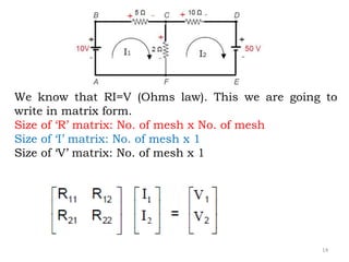 14
We know that RI=V (Ohms law). This we are going to
write in matrix form.
Size of ‘R’ matrix: No. of mesh x No. of mesh
Size of ‘I’ matrix: No. of mesh x 1
Size of ‘V’ matrix: No. of mesh x 1
 