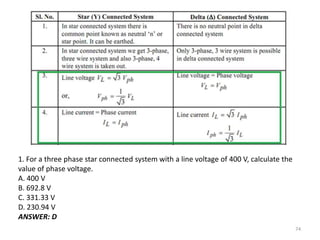 74
1. For a three phase star connected system with a line voltage of 400 V, calculate the
value of phase voltage.
A. 400 V
B. 692.8 V
C. 331.33 V
D. 230.94 V
ANSWER: D
 