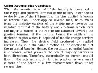 10
Under Reverse Bias Condition
When the negative terminal of the battery is connected to
the P-type and positive terminal of the battery is connected
to the N-type of the PN junction, the bias applied is known
as reverse bias. Under applied reverse bias, holes which
form the majority carriers of the P-side move towards the
negative terminal of the battery and electrons which form
the majority carrier of the N-side are attracted towards the
positive terminal of the battery. Hence the width of the
depletion region which is depleted of mobile charge carriers
increases. Thus the electric field produced by applied
reverse bias, is in the same direction as the electric field of
the potential barrier. Hence, the resultant potential barrier
is increased, which prevents the flow of majority carriers in
both directions. Therefore, theoretically no current should
flow in the external circuit. But in practice, a very small
current of the order of a few microamperes flows under
reverse bias.
 