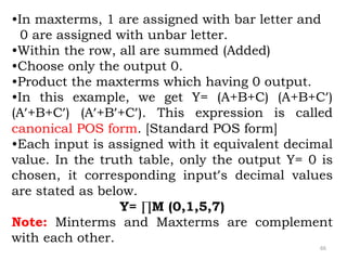 66
•In maxterms, 1 are assigned with bar letter and
0 are assigned with unbar letter.
•Within the row, all are summed (Added)
•Choose only the output 0.
•Product the maxterms which having 0 output.
•In this example, we get Y= (A+B+C) (A+B+C’)
(A’+B+C’) (A’+B’+C’). This expression is called
canonical POS form. [Standard POS form]
•Each input is assigned with it equivalent decimal
value. In the truth table, only the output Y= 0 is
chosen, it corresponding input’s decimal values
are stated as below.
Y= ∏M (0,1,5,7)
Note: Minterms and Maxterms are complement
with each other.
 