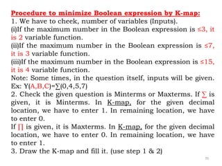 70
Procedure to minimize Boolean expression by K-map:
1. We have to cheek, number of variables (Inputs).
(i)If the maximum number in the Boolean expression is ≤3, it
is 2 variable function.
(ii)If the maximum number in the Boolean expression is ≤7,
it is 3 variable function.
(iii)If the maximum number in the Boolean expression is ≤15,
it is 4 variable function.
Note: Some times, in the question itself, inputs will be given.
Ex: Y(A,B,C)=∑(0,4,5,7)
2. Check the given question is Minterms or Maxterms. If ∑ is
given, it is Minterms. In K-map, for the given decimal
location, we have to enter 1. In remaining location, we have
to enter 0.
If ∏ is given, it is Maxterms. In K-map, for the given decimal
location, we have to enter 0. In remaining location, we have
to enter 1.
3. Draw the K-map and fill it. (use step 1 & 2)
 