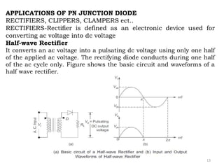 13
APPLICATIONS OF PN JUNCTION DIODE
RECTIFIERS, CLIPPERS, CLAMPERS ect..
RECTIFIERS-Rectifier is defined as an electronic device used for
converting ac voltage into dc voltage
Half-wave Rectifier
It converts an ac voltage into a pulsating dc voltage using only one half
of the applied ac voltage. The rectifying diode conducts during one half
of the ac cycle only. Figure shows the basic circuit and waveforms of a
half wave rectifier.
 