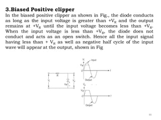 60
3.Biased Positive clipper
In the biased positive clipper as shown in Fig., the diode conducts
as long as the input voltage is greater than +VR and the output
remains at +VR until the input voltage becomes less than +VR.
When the input voltage is less than +VR, the diode does not
conduct and acts as an open switch. Hence all the input signal
having less than + VR as well as negative half cycle of the input
wave will appear at the output, shown in Fig
 
