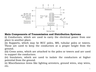 5
Main Components of Transmission and Distribution Systems
(i) Conductors, which are used to carry the electrical power from one
place to another place.
(ii) Supports, which may be RCC poles, MS, tubular poles or towers.
These are used to keep the conductors at a proper height from the
ground.
(iii) Cross arms, which are attached to the poles or towers and are used
to support the conductors.
(iv) Insulators, which are used to isolate the conductors at higher
potential from the ground.
(v) Miscellaneous items like lighting arresters, ground wires, stay wires,
etc.
 