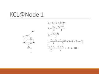 KCL@Node 1
V1 V2
3Ω
-3A.
4Ω
V3
-8A.
i1
i2
)
2
(
11
3
4
)
1
(
0
8
3
3
4
3
4
4
0
8
3
2
1
3
1
2
1
3
1
2
1
2
3
1
13
1
2
1























v
v
v
v
v
v
v
v
v
v
i
v
v
v
i
i
i
 