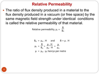 Relative Permeability
11
 The ratio of flux density produced in a material to the
flux density produced in a vacuum (or free space) by the
same magnetic field strength under identical conditions
is called the relative permeability of that material.
 