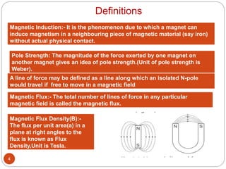 Definitions
4
Magnetic Induction:- It is the phenomenon due to which a magnet can
induce magnetism in a neighbouring piece of magnetic material (say iron)
without actual physical contact.
Pole Strength: The magnitude of the force exerted by one magnet on
another magnet gives an idea of pole strength.(Unit of pole strength is
Weber).
A line of force may be defined as a line along which an isolated N-pole
would travel if free to move in a magnetic field
Magnetic Flux:- The total number of lines of force in any particular
magnetic field is called the magnetic flux.
Magnetic Flux Density(B):-
The flux per unit area(a) in a
plane at right angles to the
flux is known as Flux
Density,Unit is Tesla.
 