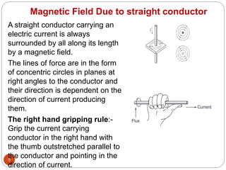 Magnetic Field Due to straight conductor
5
A straight conductor carrying an
electric current is always
surrounded by all along its length
by a magnetic field.
The lines of force are in the form
of concentric circles in planes at
right angles to the conductor and
their direction is dependent on the
direction of current producing
them.
The right hand gripping rule:-
Grip the current carrying
conductor in the right hand with
the thumb outstretched parallel to
the conductor and pointing in the
direction of current.
 