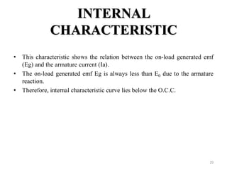 INTERNAL
CHARACTERISTIC
• This characteristic shows the relation between the on-load generated emf
(Eg) and the armature current (Ia).
• The on-load generated emf Eg is always less than E0 due to the armature
reaction.
• Therefore, internal characteristic curve lies below the O.C.C.
20
 