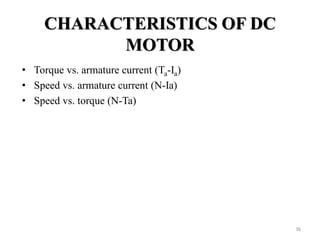 CHARACTERISTICS OF DC
MOTOR
• Torque vs. armature current (Ta-Ia)
• Speed vs. armature current (N-Ia)
• Speed vs. torque (N-Ta)
36
 