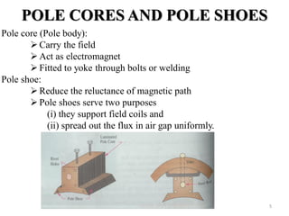 POLE CORES AND POLE SHOES
Pole core (Pole body):
Carry the field
Act as electromagnet
Fitted to yoke through bolts or welding
Pole shoe:
Reduce the reluctance of magnetic path
Pole shoes serve two purposes
(i) they support field coils and
(ii) spread out the flux in air gap uniformly.
5
 