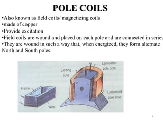 POLE COILS
•Also known as field coils/ magnetizing coils
•made of copper
•Provide excitation
•Field coils are wound and placed on each pole and are connected in series
•They are wound in such a way that, when energized, they form alternate
North and South poles.
6
 