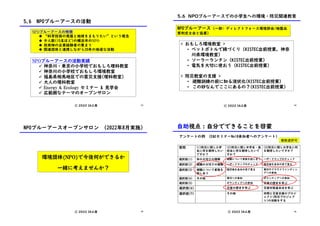 ⓒ 2022 IA工房
5.6 NPOブルーアースの活動
NPOブルーアースの特徴
u “科学技術の発展と地球をまもりたい”という理念
u 少人数(15名ほど)の横浜市のNPO
u 技術畑の企業経験者の集まり
u 関連団体と連携しながら20年の地道な活動
NPOブルーアースの活動実績
ü 神奈川・東京の小学校でおもしろ理科教室
ü 神奈川の小学校でおもしろ環境教室
ü 福島県相馬地区での震災支援(理科教室)
ü 大人の理科教室
ü Energy & Ecology セミナー & 見学会
ü 広範囲なテーマのオープンサロン
13
5.6 NPOブルーアースでの小学生への環境・防災関連教育
ⓒ 2022 IA工房
< おもしろ環境教室 >
• ペットボトルで綿づくり (KISTEC出前授業, 神奈
川県環境教室)
• ソーラーランタン (KISTEC出前授業)
• 電気を大切に使おう (KISTEC出前授業）
< 防災教室の支援 >
• 避難訓練の前に知る液状化(KISTEC出前授業)
• この砂なんでここにあるの？(KISTEC出前授業)
NPOブルーアース (一部: ディレクトフォース環境部会/地盤品
質判定士会と協業)
14
環境団体(NPO)で今後何ができるか
一緒に考えませんか？
ⓒ 2022 IA工房
NPOブルーアースオープンサロン (2022年8月実施)
15
質問 (1)防災に関し小学
生に何を期待したい
ですか？
(2)防災に関し中学生・高
校生に何を期待したいで
すか？
(3)防災に関し大学生に何
を期待したいですか？
選択肢(1) 命の大切さの理解 避難について家族を話し合う ハザードマップのチェック
選択肢(2) 避難の大切さの理解 ハザードマップのチェック 被災地を自分の目で見る
選択肢(3) 避難について家族を
話し合う
被災地を自分の目で見る 寄付やクラウドファンディン
グへの参加
選択肢(4) その他 寄付への参加 ボランティアへの参加
選択肢(5) ボランティアへの参加 災害の歴史を学ぶ
選択肢(6) 災害の歴史を学ぶ 災害対策基本法を学ぶ
選択肢(7) その他 仲間と災害支援のプロジ
ェクト(防災プロジェク
ト)の活動をする
アンケートの例 (E&EセミナーNo18参加者へのアンケート)
複数選択可
ⓒ 2022 IA工房
自助視点 : 自分でできることを啓蒙
16
 