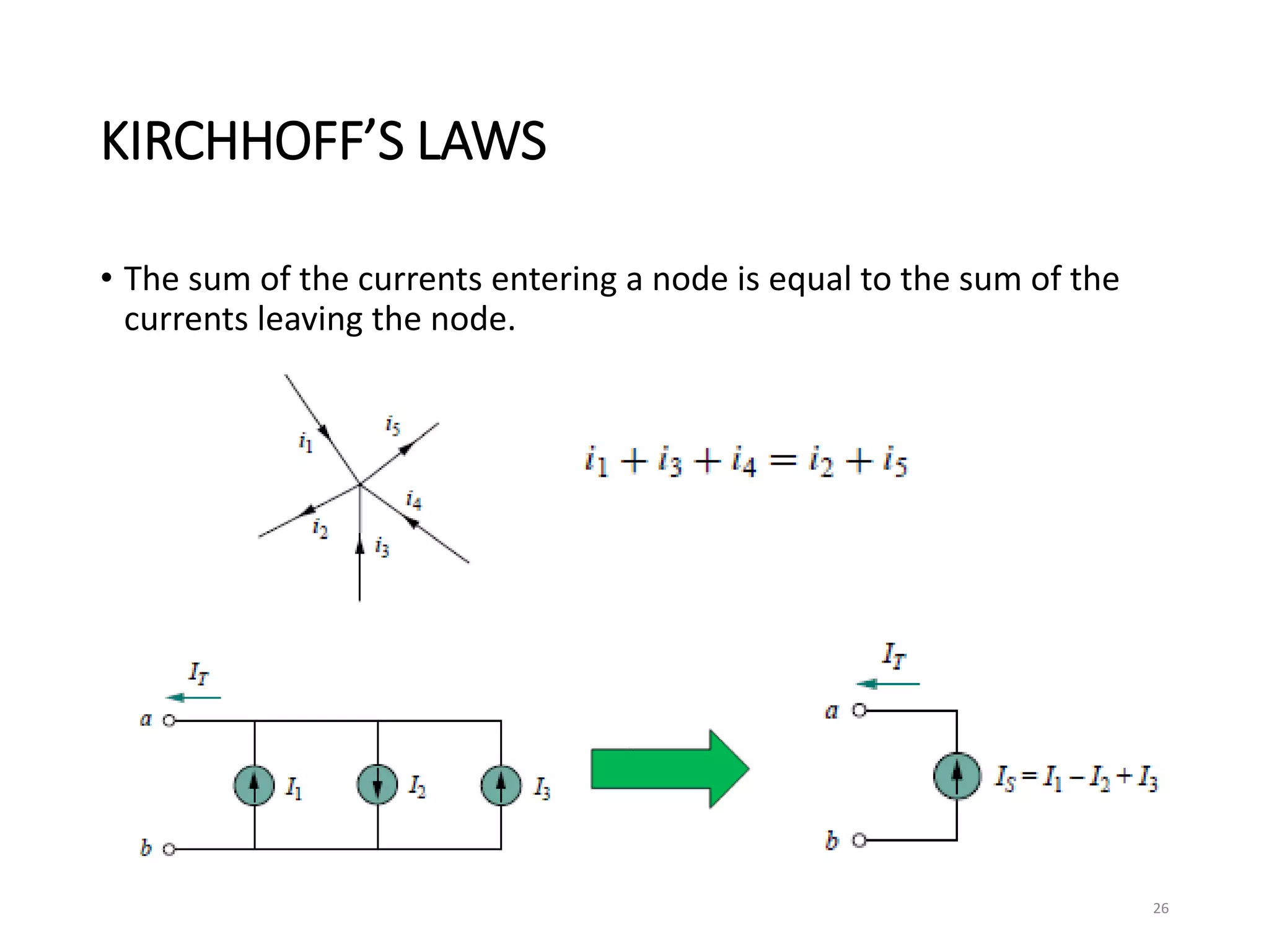 KIRCHHOFF’S LAWS
• The sum of the currents entering a node is equal to the sum of the
currents leaving the node.
26
 