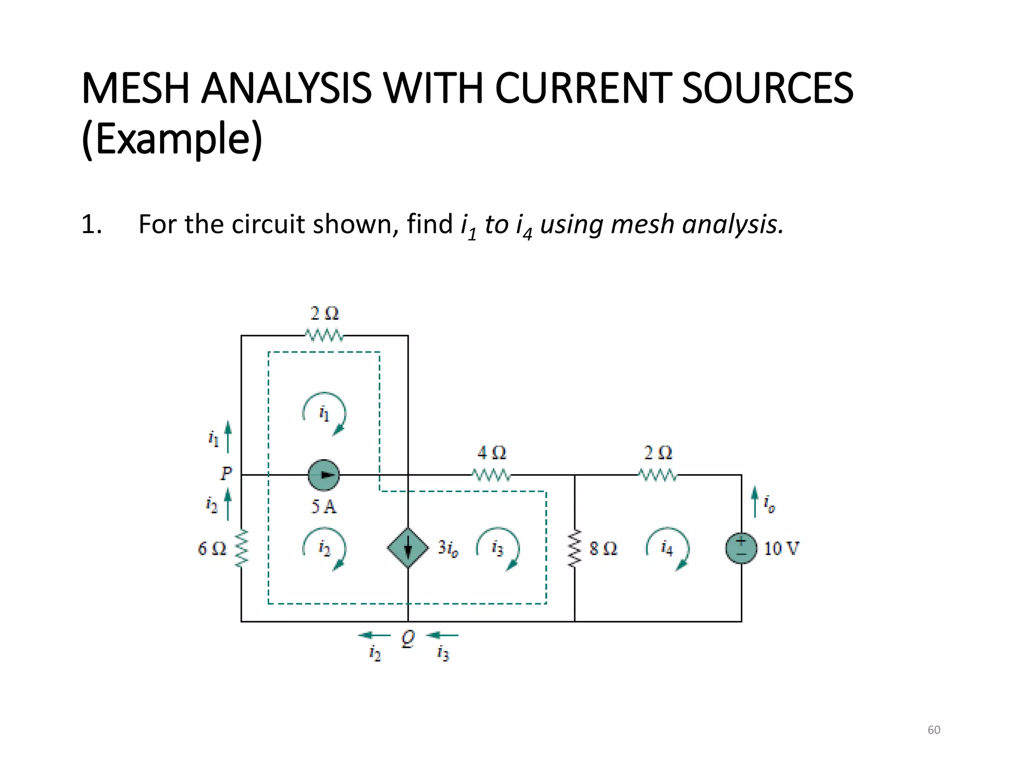 MESH ANALYSIS WITH CURRENT SOURCES
(Example)
1. For the circuit shown, find i1 to i4 using mesh analysis.
60
 