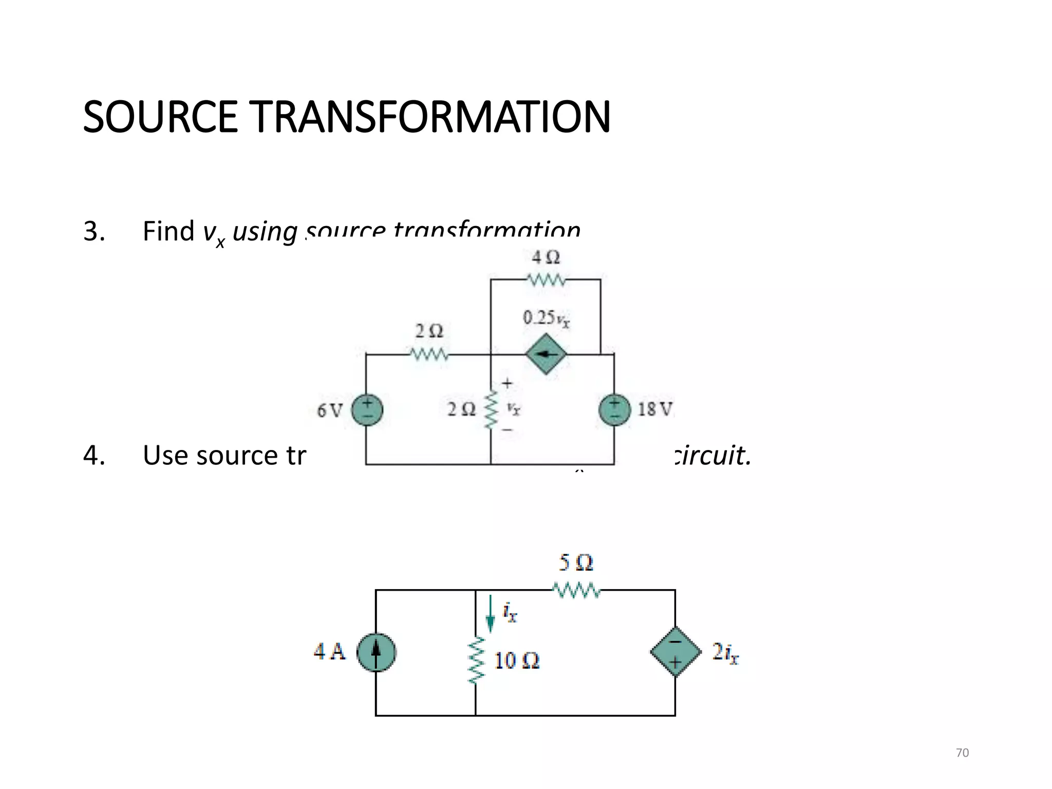 SOURCE TRANSFORMATION
3. Find vx using source transformation.
4. Use source transformation to find ix in the circuit.
70
 