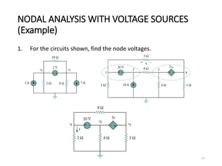 NODAL ANALYSIS WITH VOLTAGE SOURCES
(Example)
1. For the circuits shown, find the node voltages.
50
 