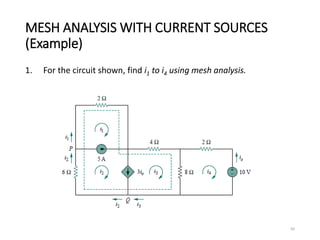 MESH ANALYSIS WITH CURRENT SOURCES
(Example)
1. For the circuit shown, find i1 to i4 using mesh analysis.
60
 