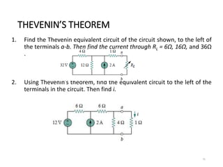 THEVENIN’S THEOREM
1. Find the Thevenin equivalent circuit of the circuit shown, to the left of
the terminals a-b. Then find the current through RL = 6Ω, 16Ω, and 36Ω
.
2. Using Thevenin’s theorem, find the equivalent circuit to the left of the
terminals in the circuit. Then find i.
75
 
