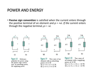 POWER AND ENERGY
• Passive sign convention is satisfied when the current enters through
the positive terminal of an element and p = +vi. If the current enters
through the negative terminal, p = −vi.
9
 