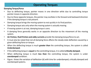 Damping Torque/Force
• Due to deflecting torque, pointer moves in one direction while due to controlling torque
pointer moves in opposite direction.
• Due to these opposite torques, the pointer may oscillate in the forward and backward direction
if the damping torque is not present.
• Damping torque brings the moving system to rest quickly in its final position.
• Damping torque acts only when the moving system is actually moving.
• If moving system is at rest, damping torque is zero.
• A damping force generally works in an opposite direction to the movement of the moving
system.
• Air friction, fluid friction and eddy currents provide the damping torque/force to act.
• It must also be noted that not all damping force affects the steady-state deflection caused by a
given deflecting force or torque.
• When the deflecting torque is much greater than the controlling torque, the system is called
Underdamped.
• If the deflecting torque is equal to the controlling torque, it is called critically damped.
• When deflecting torque is much less than the controlling torque, the system is under
overdamped condition.
• Figure shows the variation of deflection (d) with time for underdamped, critically damped and
overdamped systems.
M.SURESH, Associate Professor, EEE Dept
Operating Torques
 