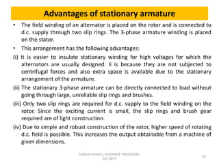 Advantages of stationary armature
• The field winding of an alternator is placed on the rotor and is connected to
d.c. supply through two slip rings. The 3-phase armature winding is placed
on the stator.
• This arrangement has the following advantages:
(i) It is easier to insulate stationary winding for high voltages for which the
alternators are usually designed. Ii is because they are not subjected to
centrifugal forces and also extra space is available due to the stationary
arrangement of the armature.
(ii) The stationary 3-phase armature can be directly connected to load without
going through large, unreliable slip rings and brushes.
(iii) Only two slip rings are required for d.c. supply to the field winding on the
rotor. Since the exciting current is small, the slip rings and brush gear
required are of light construction.
(iv) Due to simple and robust construction of the rotor, higher speed of rotating
d.c. field is possible. This increases the output obtainable from a machine of
given dimensions.
93
SURESH MIKKILI, ASSOCIATE PROFESSOR,
EEE DEPT
 