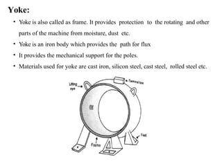 Yoke:
• Yoke is also called as frame. It provides protection to the rotating and other
parts of the machine from moisture, dust etc.
• Yoke is an iron body which provides the path for flux
• It provides the mechanical support for the poles.
• Materials used for yoke are cast iron, silicon steel, cast steel, rolled steel etc.
 