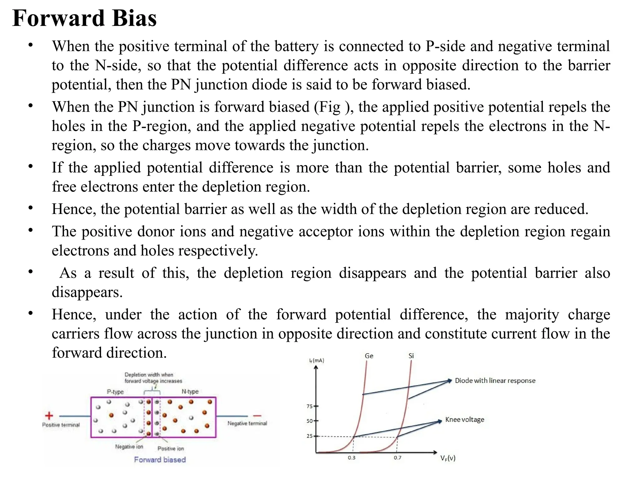 Forward Bias
• When the positive terminal of the battery is connected to P-side and negative terminal
to the N-side, so that the potential difference acts in opposite direction to the barrier
potential, then the PN junction diode is said to be forward biased.
• When the PN junction is forward biased (Fig ), the applied positive potential repels the
holes in the P-region, and the applied negative potential repels the electrons in the N-
region, so the charges move towards the junction.
• If the applied potential difference is more than the potential barrier, some holes and
free electrons enter the depletion region.
• Hence, the potential barrier as well as the width of the depletion region are reduced.
• The positive donor ions and negative acceptor ions within the depletion region regain
electrons and holes respectively.
• As a result of this, the depletion region disappears and the potential barrier also
disappears.
• Hence, under the action of the forward potential difference, the majority charge
carriers flow across the junction in opposite direction and constitute current flow in the
forward direction.
 