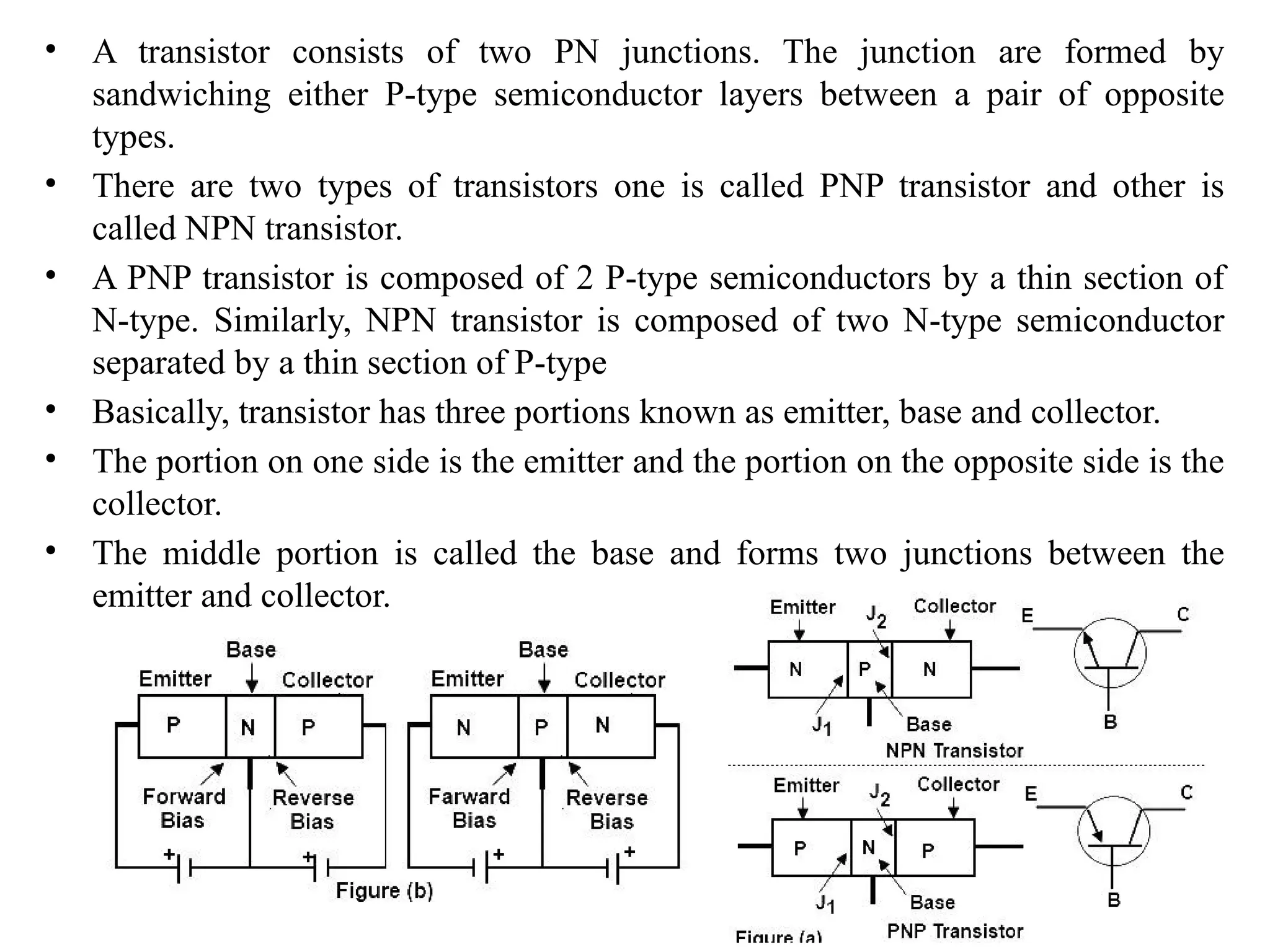 • A transistor consists of two PN junctions. The junction are formed by
sandwiching either P-type semiconductor layers between a pair of opposite
types.
• There are two types of transistors one is called PNP transistor and other is
called NPN transistor.
• A PNP transistor is composed of 2 P-type semiconductors by a thin section of
N-type. Similarly, NPN transistor is composed of two N-type semiconductor
separated by a thin section of P-type
• Basically, transistor has three portions known as emitter, base and collector.
• The portion on one side is the emitter and the portion on the opposite side is the
collector.
• The middle portion is called the base and forms two junctions between the
emitter and collector.
 