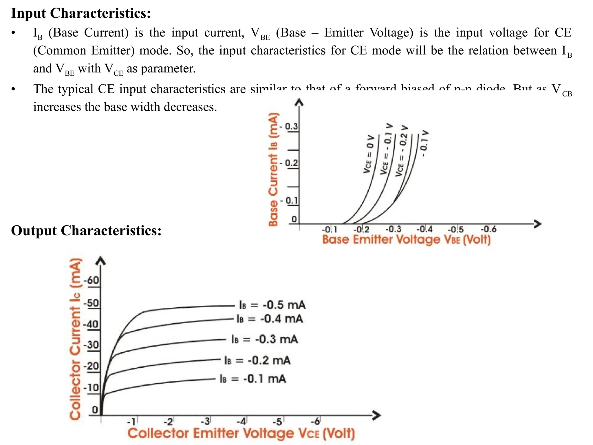 Input Characteristics:
• IB (Base Current) is the input current, VBE (Base – Emitter Voltage) is the input voltage for CE
(Common Emitter) mode. So, the input characteristics for CE mode will be the relation between IB
and VBE with VCE as parameter.
• The typical CE input characteristics are similar to that of a forward biased of p-n diode. But as VCB
increases the base width decreases.
Output Characteristics:
 