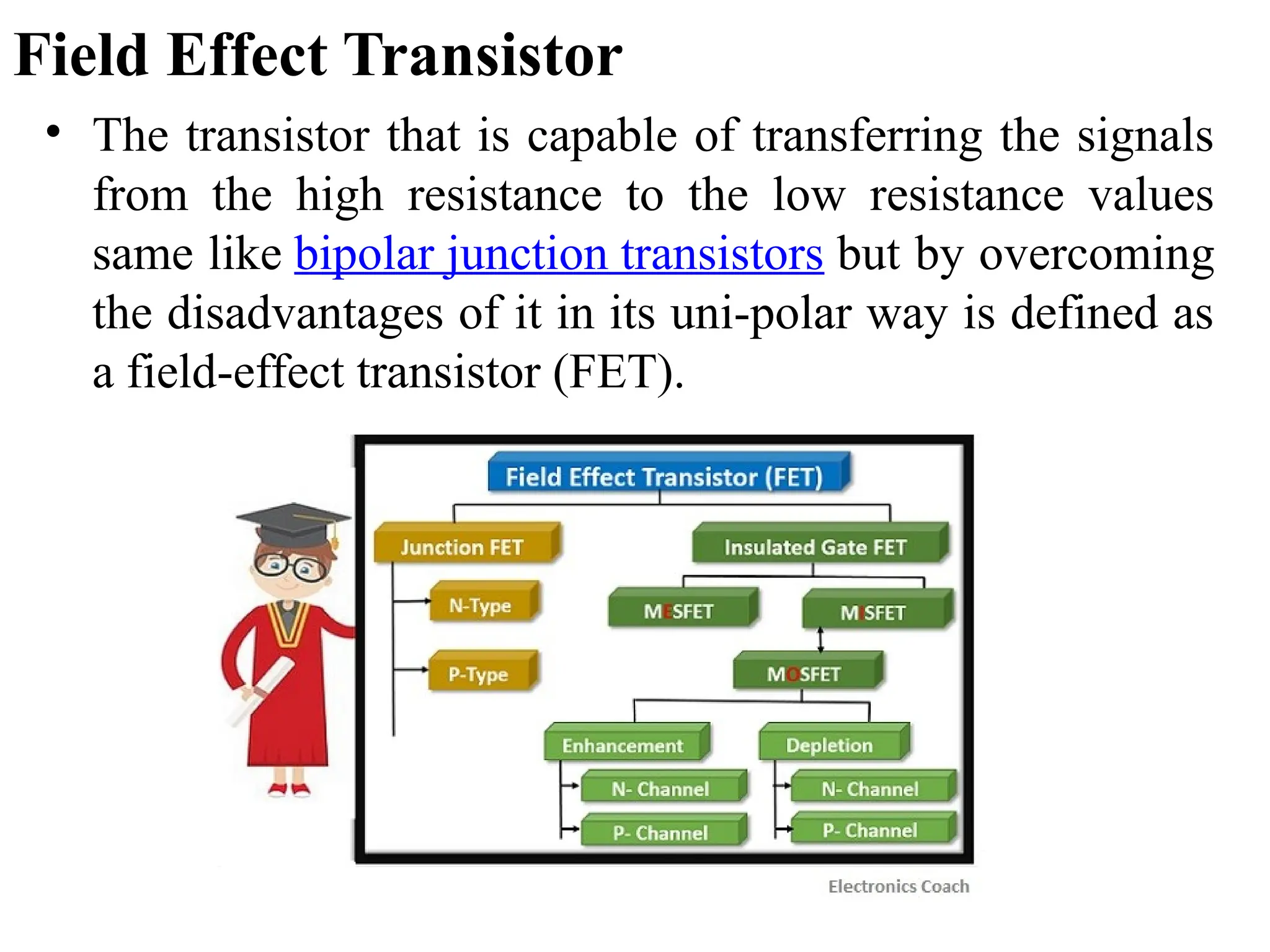 Field Effect Transistor
• The transistor that is capable of transferring the signals
from the high resistance to the low resistance values
same like bipolar junction transistors but by overcoming
the disadvantages of it in its uni-polar way is defined as
a field-effect transistor (FET).
 